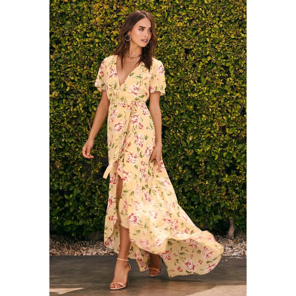 Lulus Sense of Wonder Yellow Floral Print Wrap Maxi Dress Size S